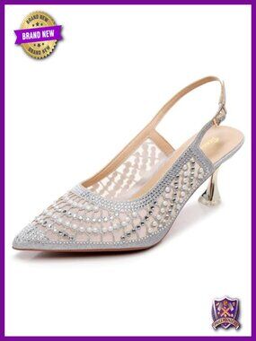 Women's Slingback Pump Heels with Metal Ornament, Kitten Heel, Faux Leather